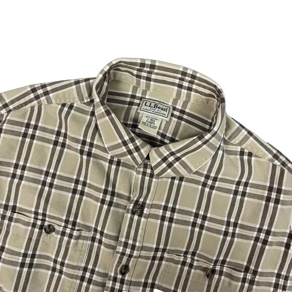 Vintage LL Bean Flannel Shirt Mens Large Tan Twill Plaid Outdoor Work - Picture 3 of 8